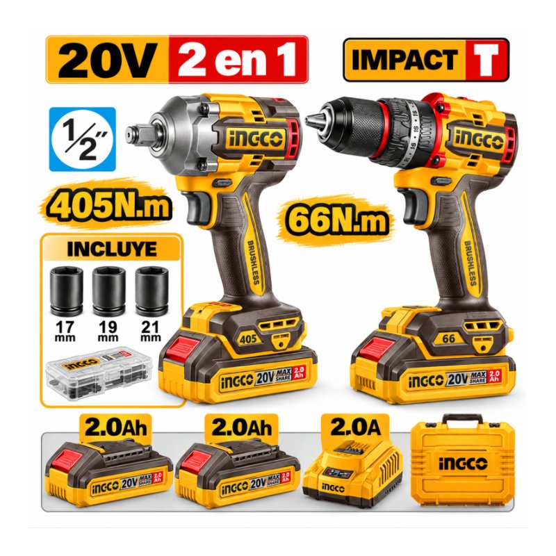 Combo 5 herramientas inalámbricas 20V (rotomartillo + llave impacto + taladro percutor + esmeril) INGCO COSLI251193