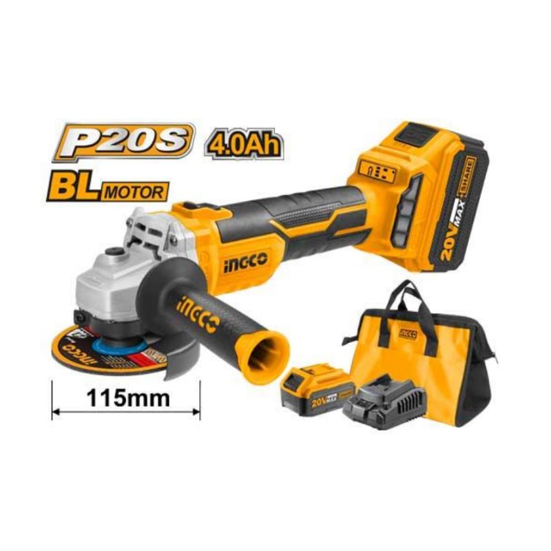 Esmeril angular Brushless 20V 115 mm + batería 4Ah + cargador + 5 discos INGCO CAGLI2615